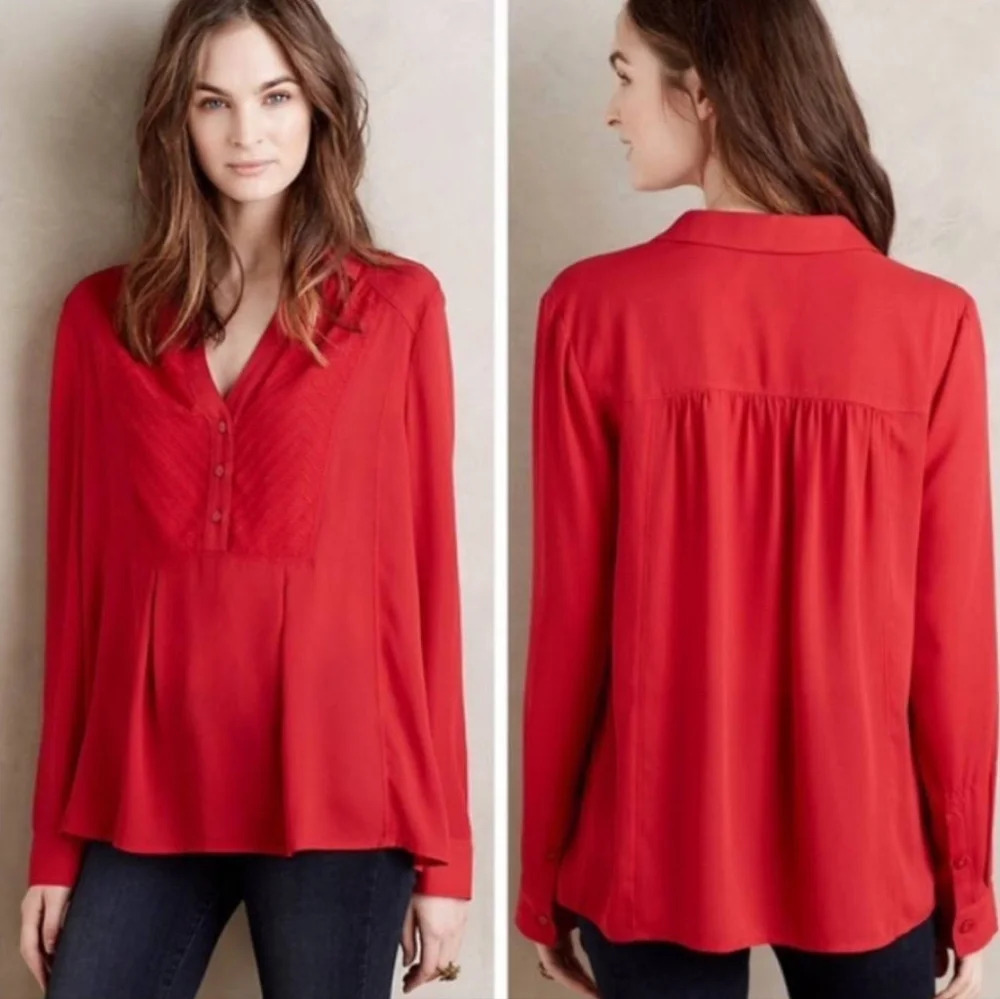 Anthropologie Maeve Collared Chiffon Flowy Blouse Top Red 2